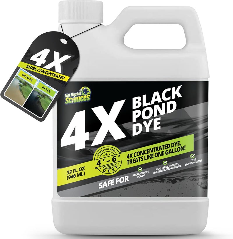 Not Rocket Sciences 32oz Reflective Black Pond Dye, 4X Concentrate Pond Dye Black, Natural Looking and Long Lasting Liquid Lake Colorant, Protects Against Sunlight - Ideal for Fish, Birds, and Wildlife - Image 1